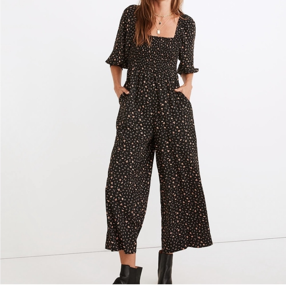 Madewell Curvy Lucie Smocked Wide-Leg Jumpsuit in Stem Scatter Womens 2 ND160